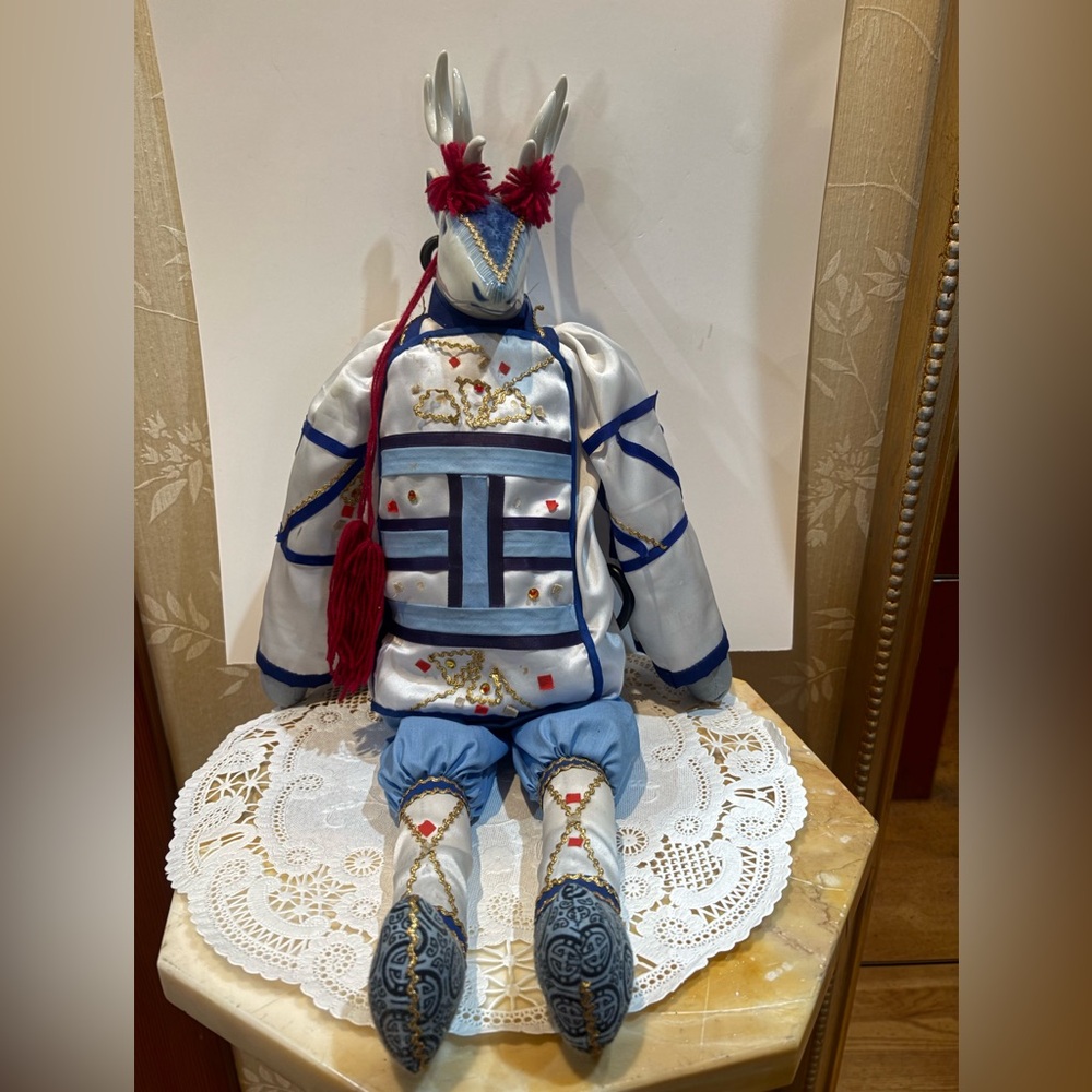 Vintage Chinese Porcelain Doll Figure with Blue and White Porcelain Deerhead